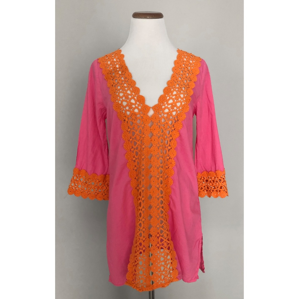 Mud Pie Pink & Orange 3/4 Sleeve Tunic Top Cover Up, Crochet Lace Trim, S (4-6)